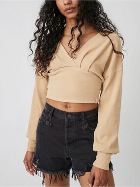 We The Free All Nighter Crop Top Long Sleeve Surplice Cotton Tan Womens Small